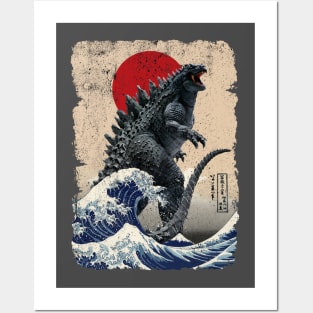 Godzilla and the Wave Tan Background - Rough Posters and Art